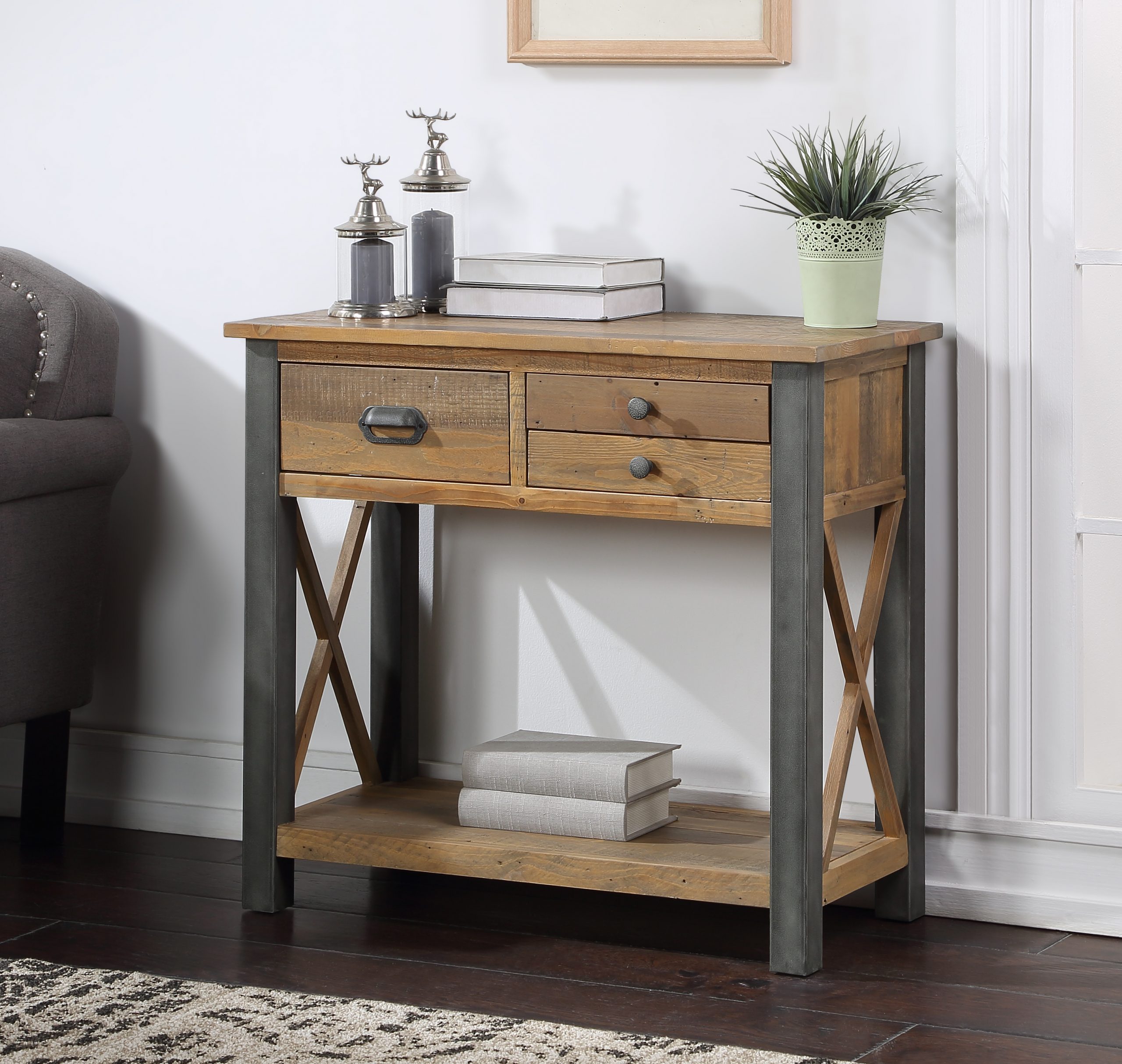 reclaimed wood console table with three drawers