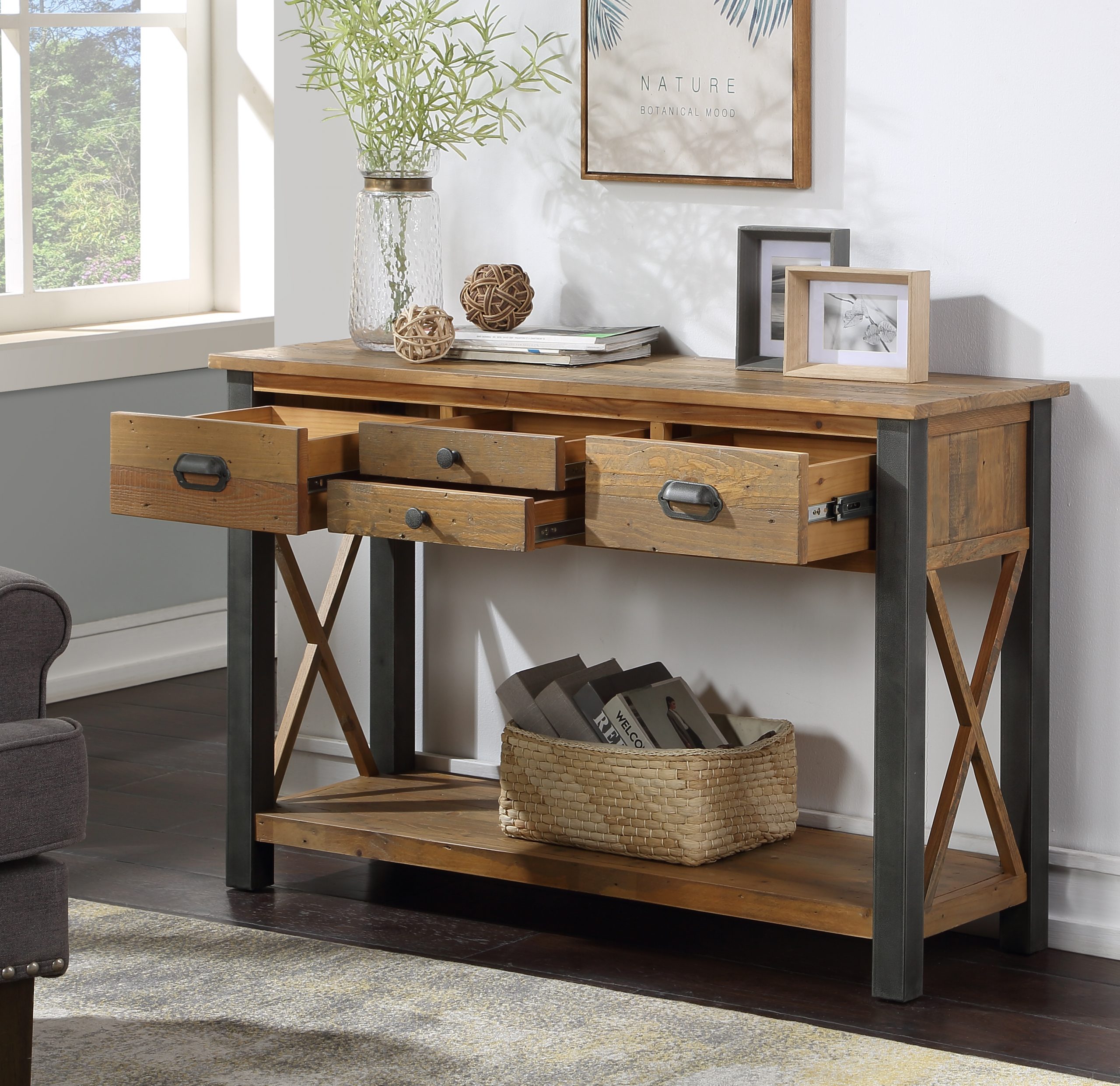 wqide console table with four drawers - open