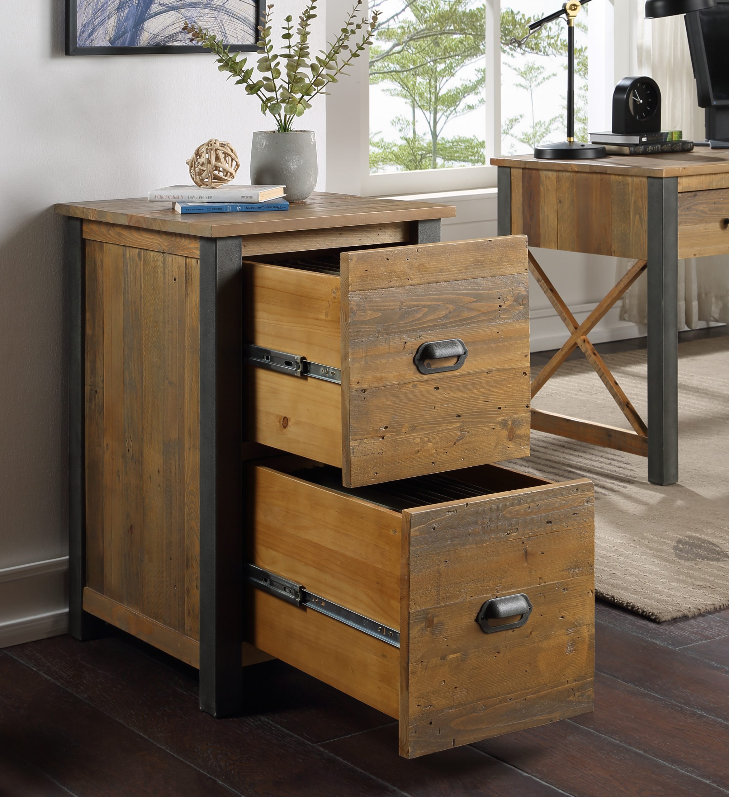 two drawer reclaimed wood filing cabinet - open